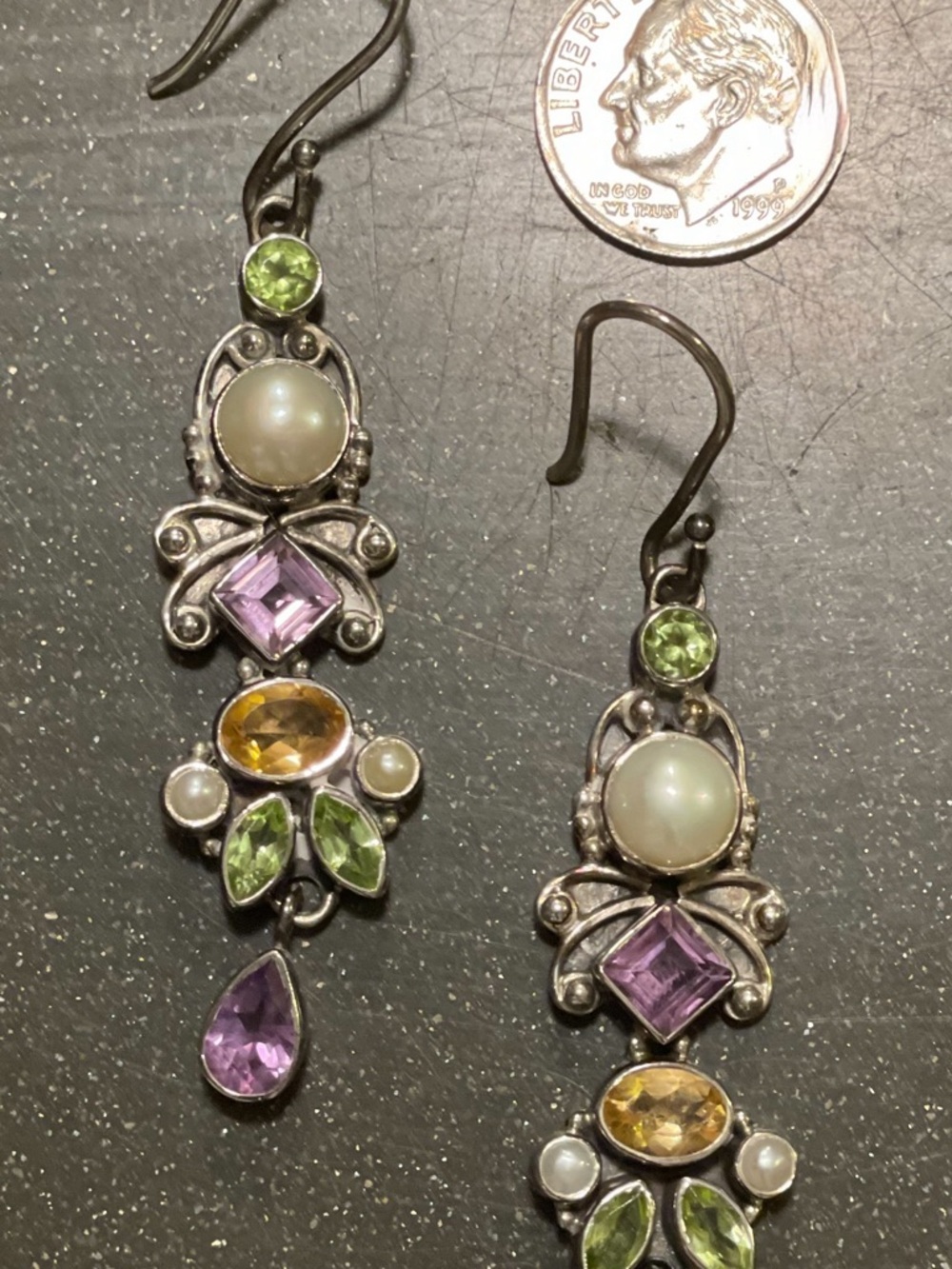 Sterling Dangle Earrings with Pearl, Amethyst, Peridot, Citrine, gemstones